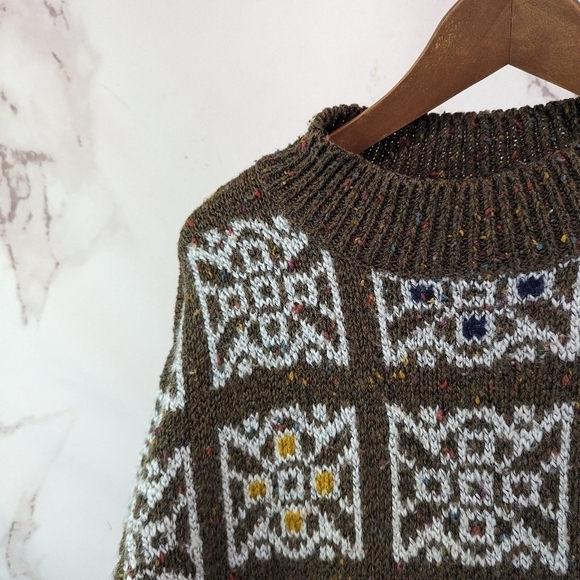 Vintage Sweater Womens Large Brown Medallion Boho Granny Square 90s Knit Pattern - Picture 2 of 10